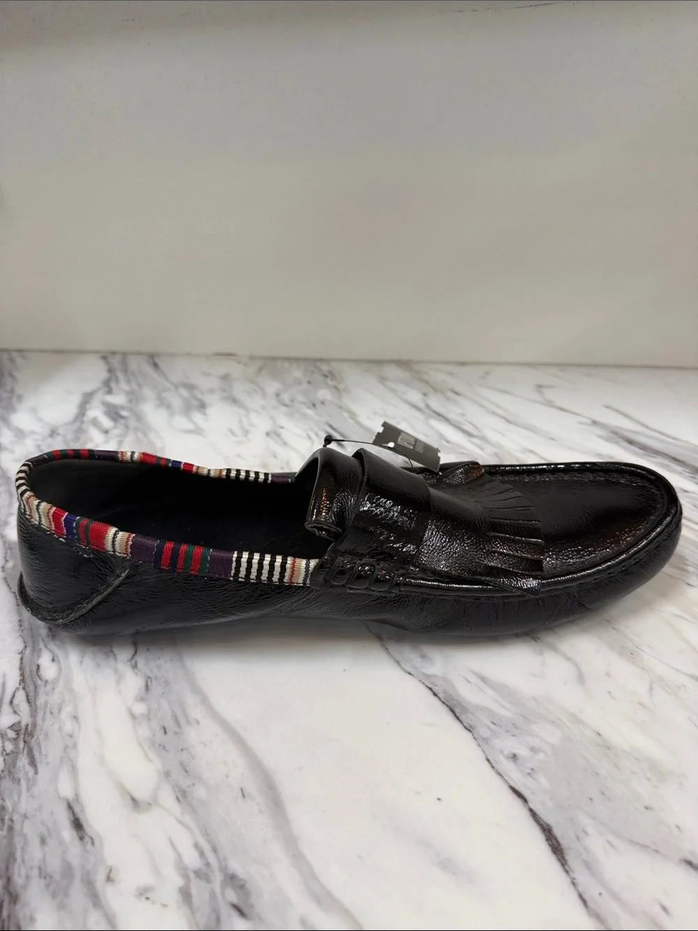 Gucci Black Patent Leather Fringe Loafers with Multicolor Trim
